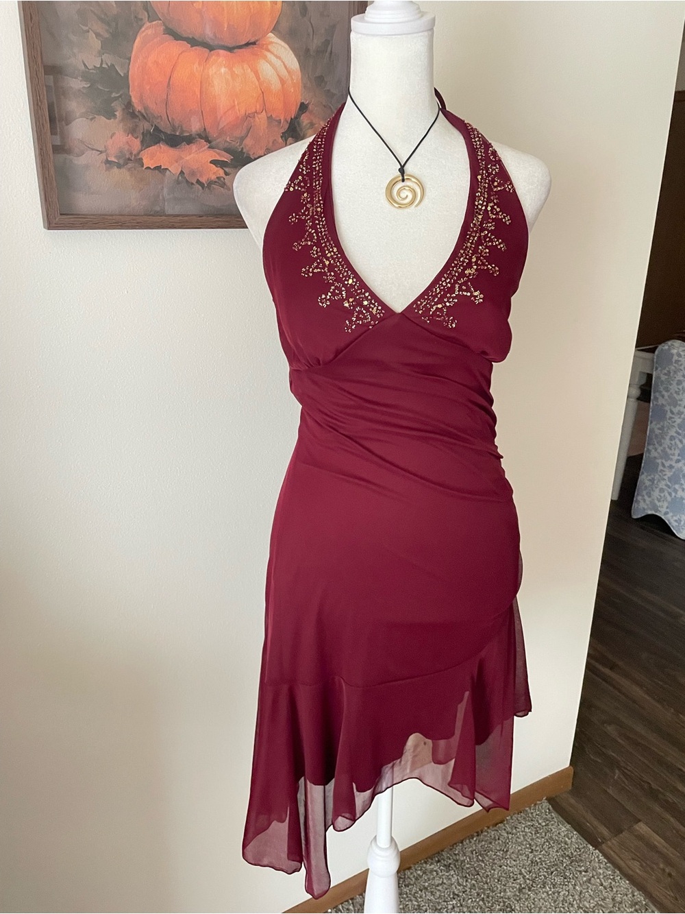 Windsor Y2K Style Burgundy Beaded Halter Asymmetrical Hem Dress Medium